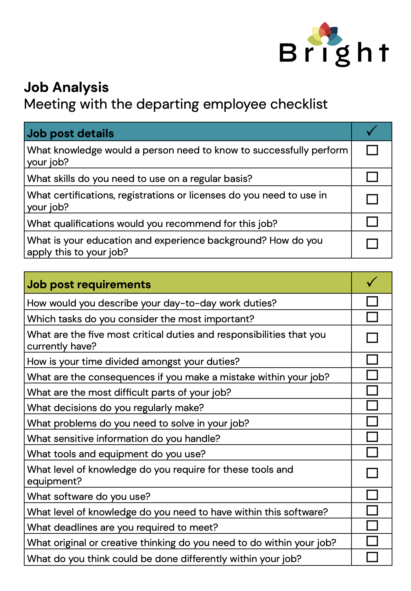 Checklist for departing employees