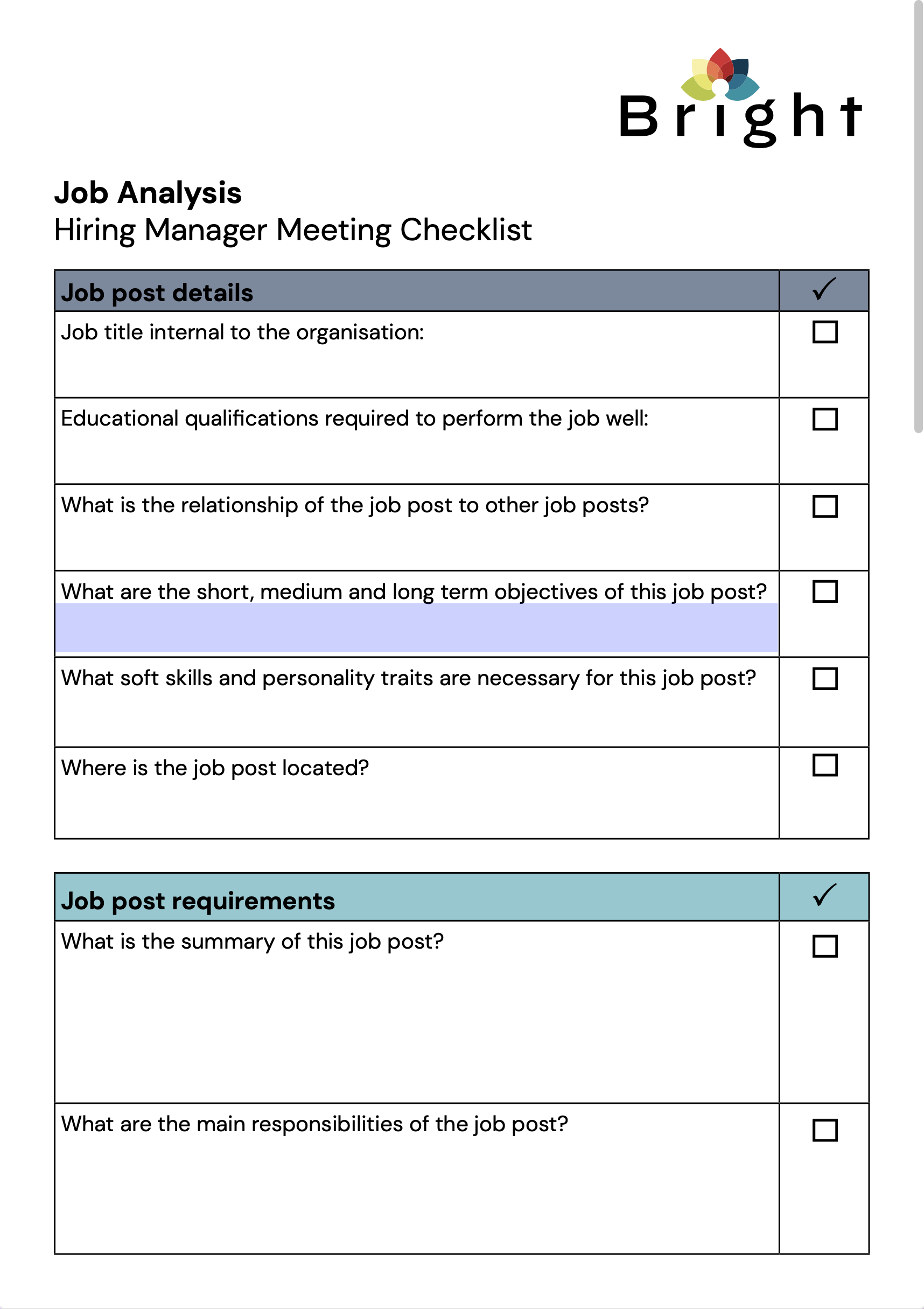 Checklist for hiring managers
