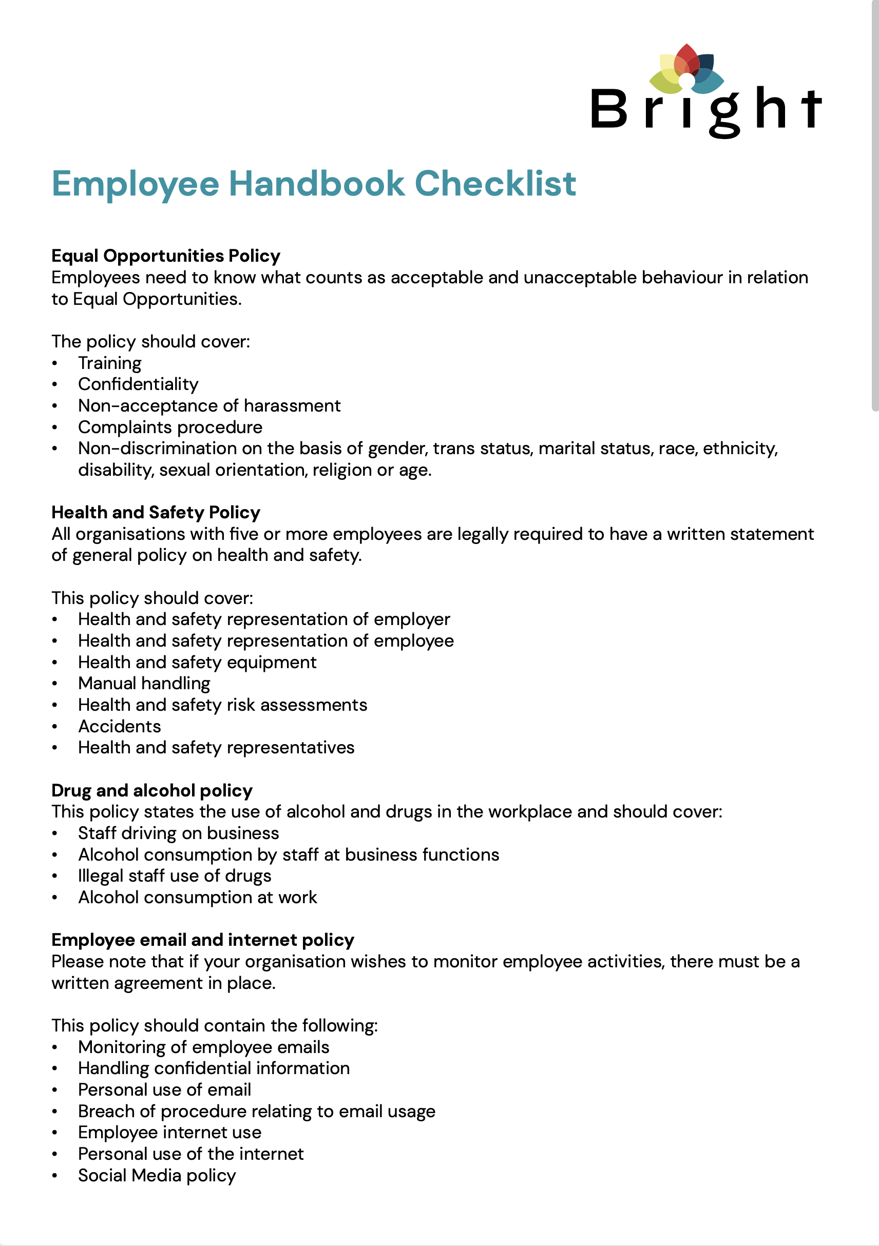 Employee handbook checklist